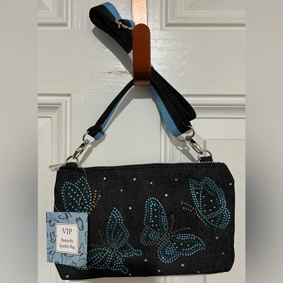 BRIGHTON VIP Sparkle Butterfly Bag Denim Crossbody Stripe Strap NWT - Picture 1 of 12